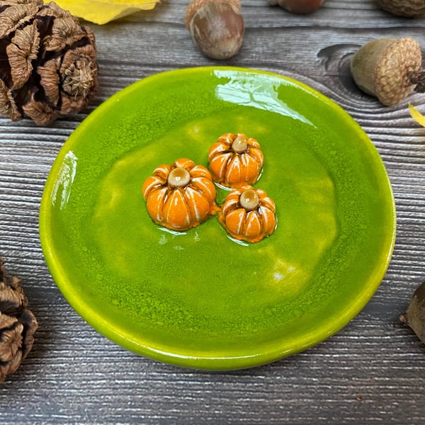 Handmade Ceramic Green Dish with Tiny Pumpkins Autumn Decoration