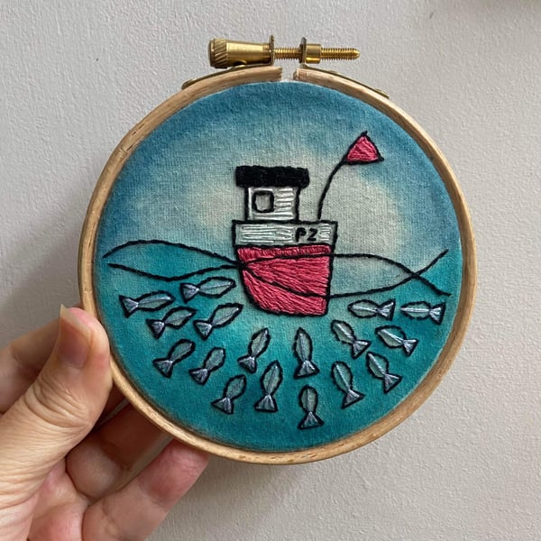 Embroidery hand sewn in bamboo display hoop Cornish fishing boat 4 inch