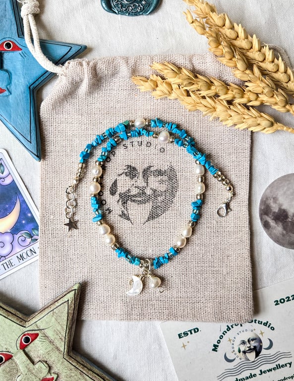 Celestial Turquoise & Pearl Necklace with Mother of Pearl Moon Pendant