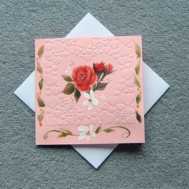 Hand painted embossed heart rose blank greetings card ( ref F 142 )