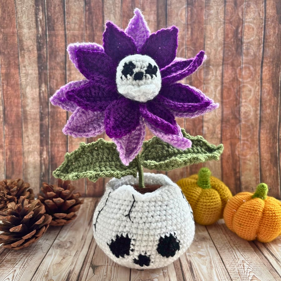 Halloween Skull Pot With A Dahlia Flower, Crochet Amigurumi Decoration