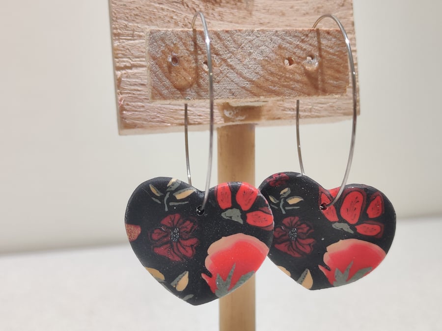 Winter floral heart hoop earrings