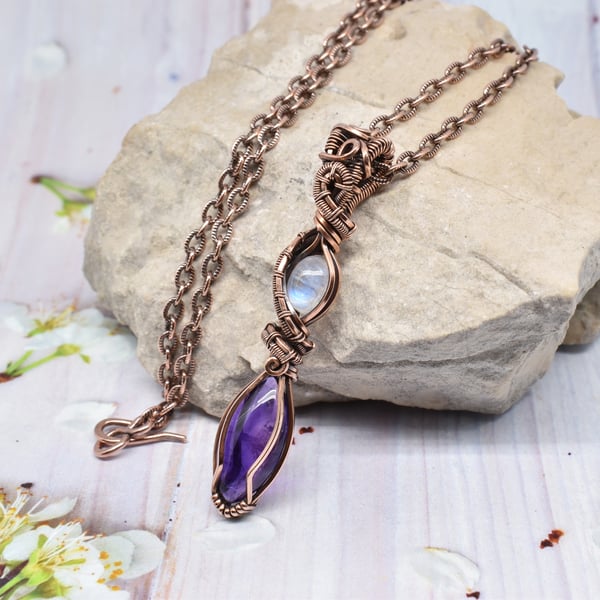 Amethyst and Moonstone Wire Wrapped Copper Necklace