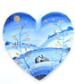 Badger with golden leaves on a heart shape in wood