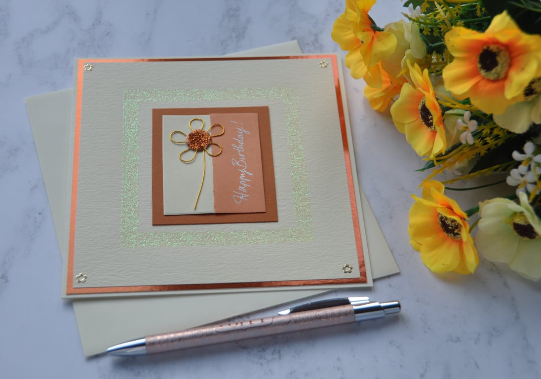 Birthday Card Happy Birthday Cream & Copper Single Flower 3D Luxury Handmade
