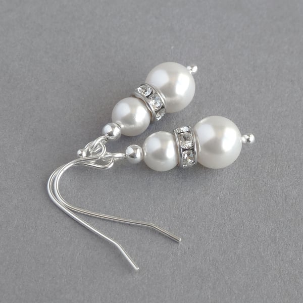 White Pearl and Crystal Drop Earrings - Ivory Bridal or Bridesmaid Jewellery