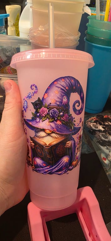 Pink cold cup tumbler with Halloween wizard design, with straw and lid