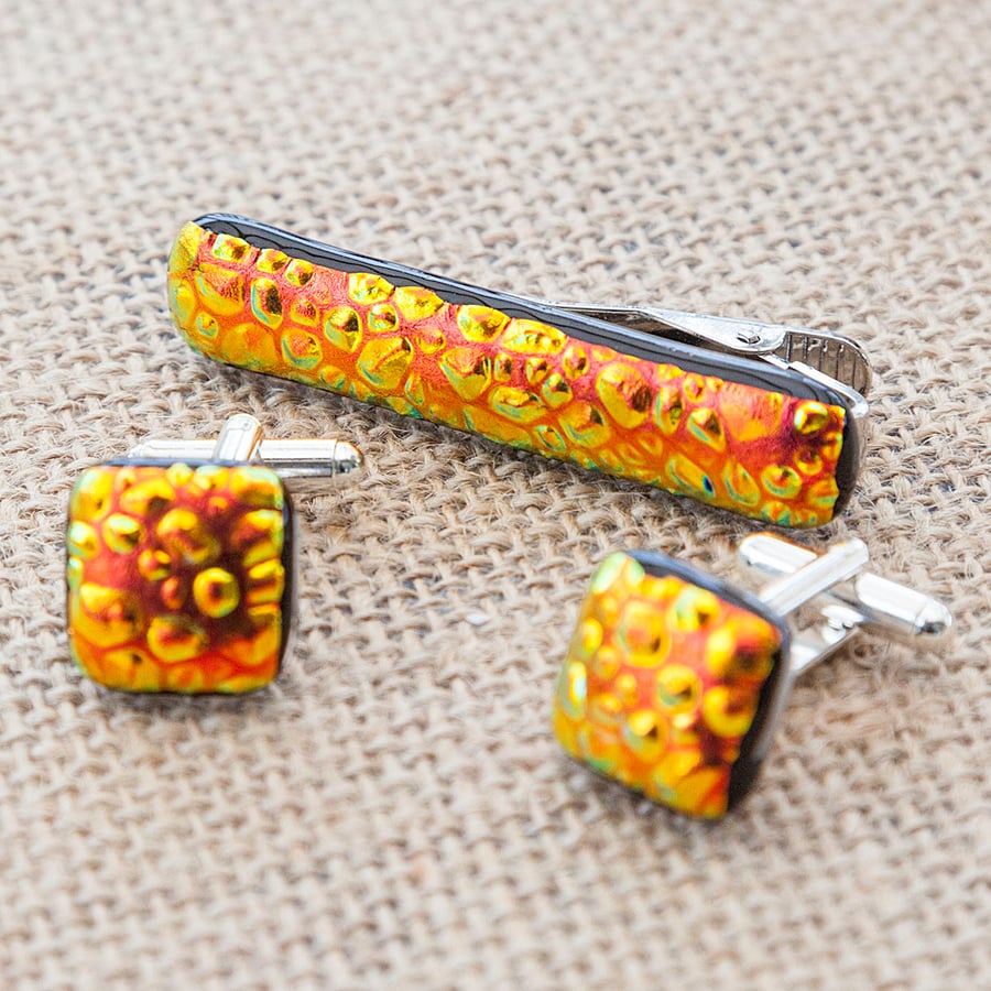 Textured Red and Orange Fused Glass Cufflinks and Tie Bar Set