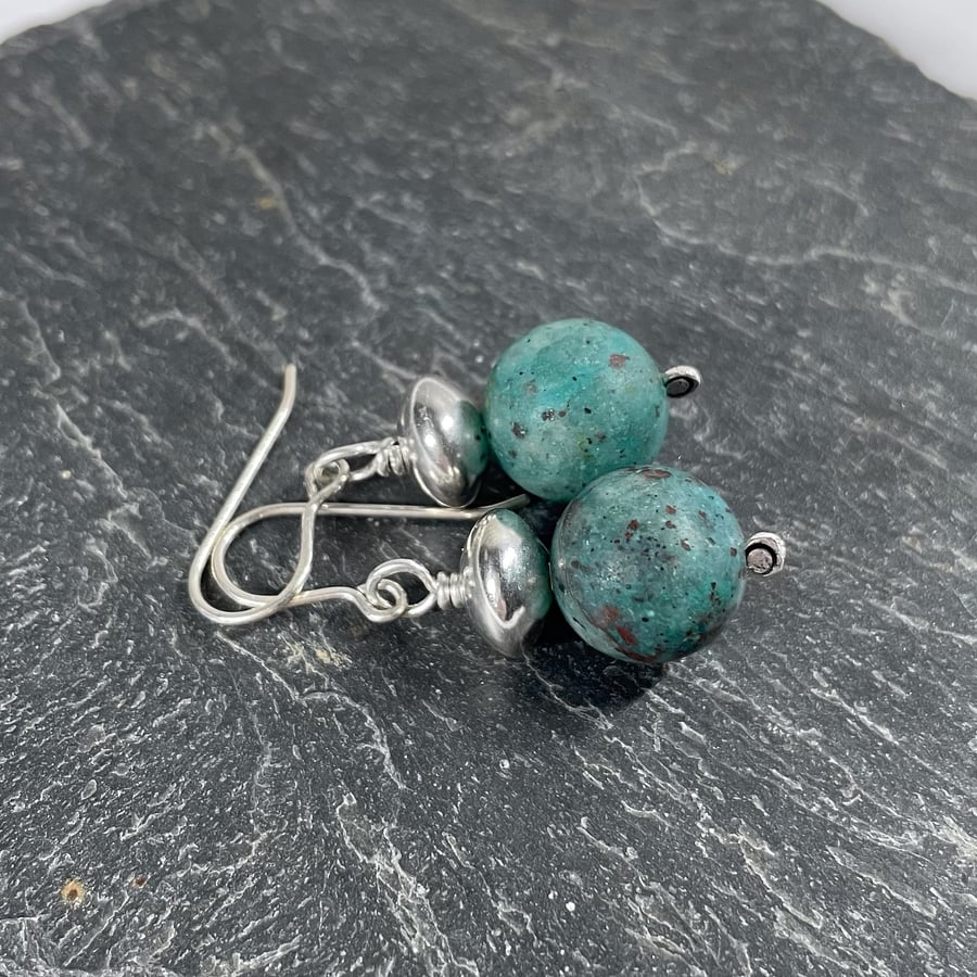 Teal Cupric chrysocolla and sterling silver earrings