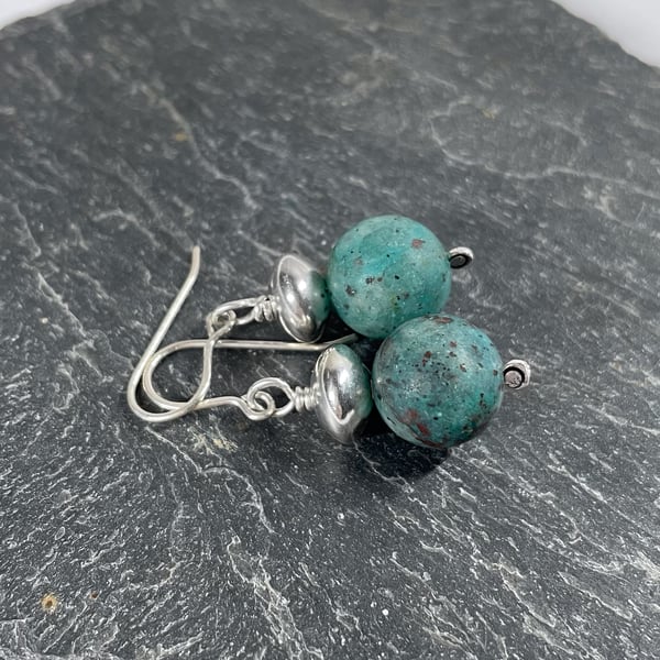 Teal Cupric chrysocolla and sterling silver earrings