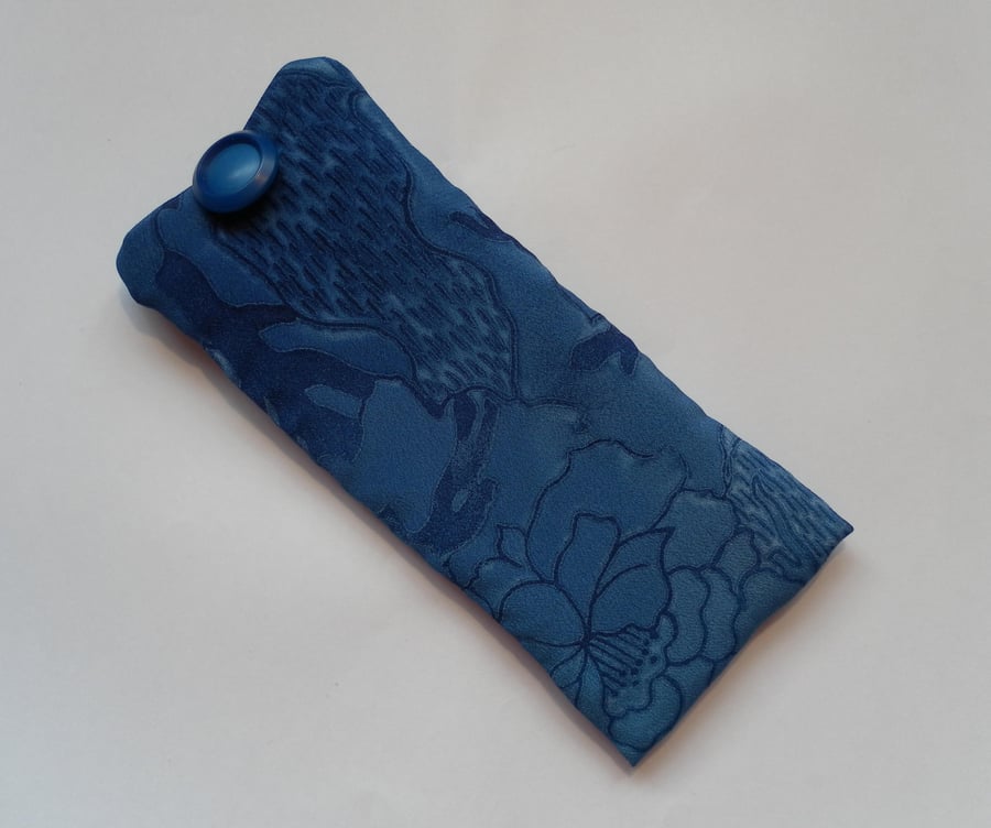 Pretty and elegant glasses case, blue, floral, silky fabric.