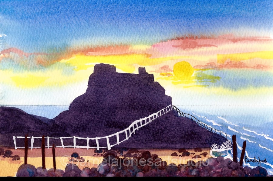 Holy Island, Lindisfarne, Original Watercolour in 14 x 11 '' Mount.