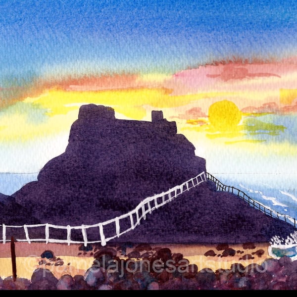 Holy Island, Lindisfarne, Original Watercolour in 14 x 11 '' Mount.