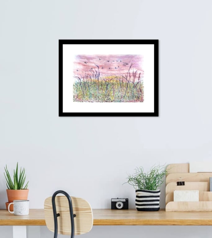 Swan Fen Sunset Landscape  Watercolour Original Painting
