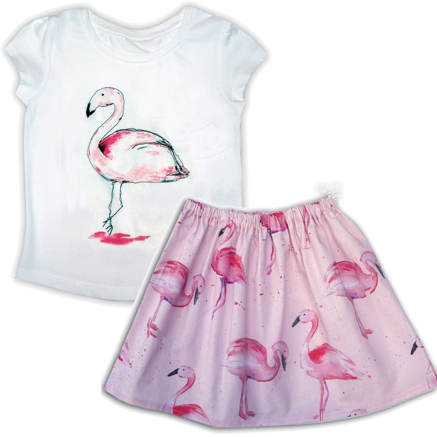 Girl's Flamingo Skirt and T-Shirt Outfit, Girls Clothes