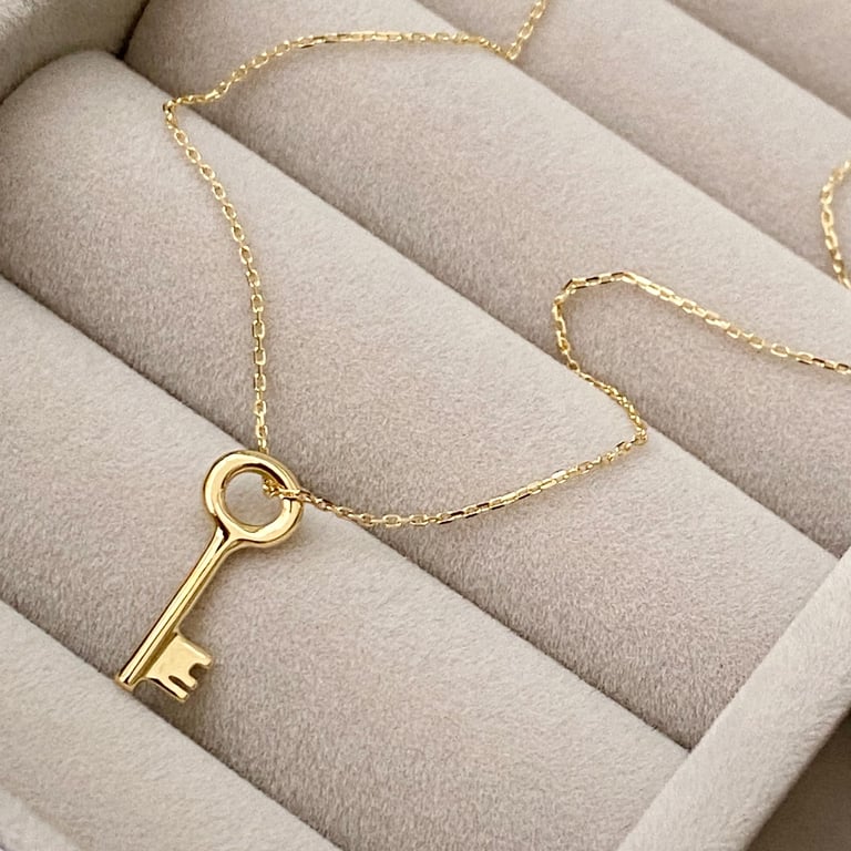 9ct solid yellow gold small and dainty key charm pendant and chain