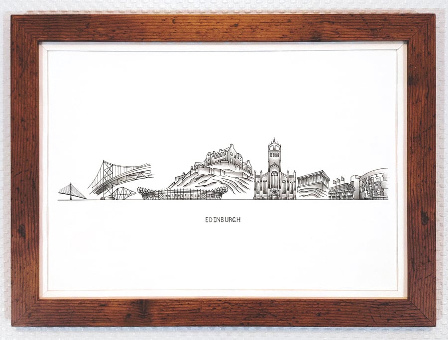 Edinburgh Cityscape Handmade Unique Framed A3 Print White Border Wallart Gift