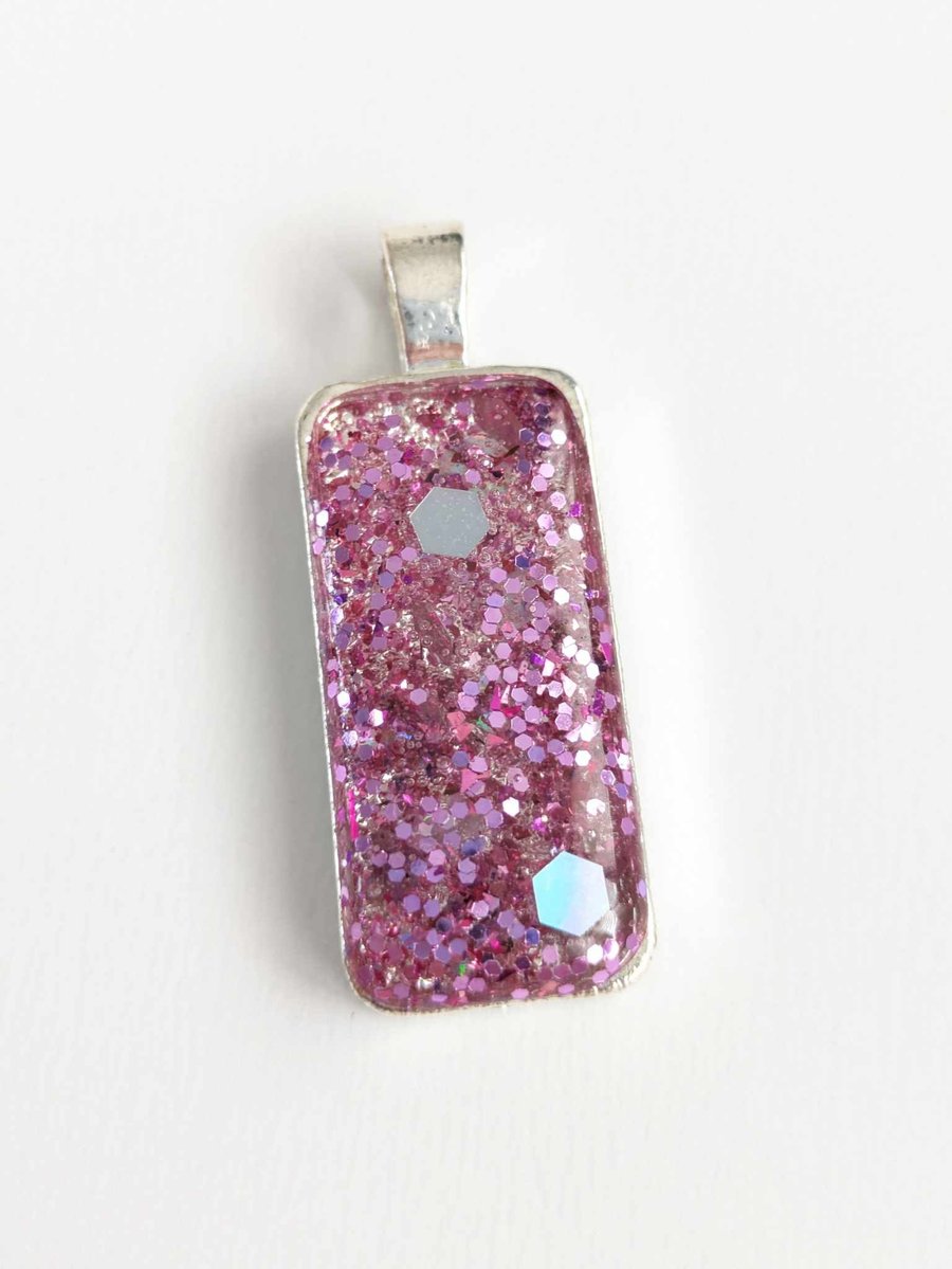 Small Rectangular Pendant With Pink Glitter