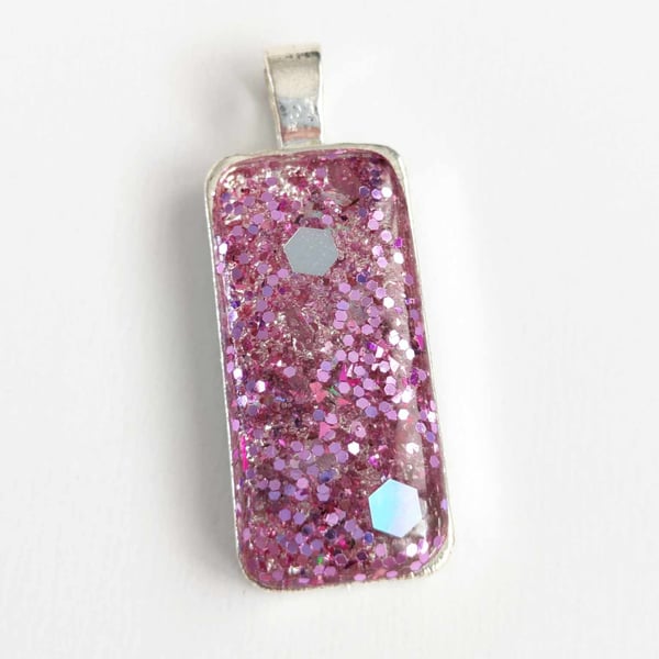 Small Rectangular Pendant With Pink Glitter