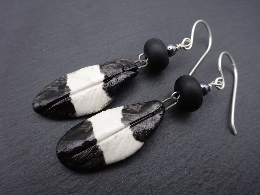 sterling silver earrings, ceramic magpie feather jewellery