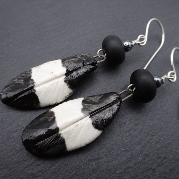 sterling silver earrings, ceramic magpie feather jewellery