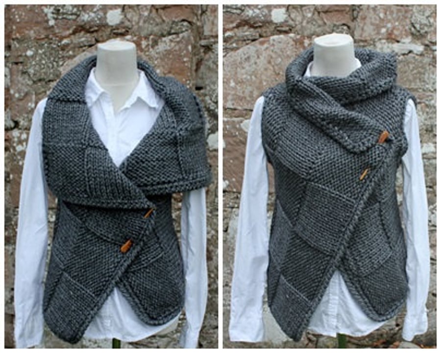 Grey knit wrap, sleeveless jacket, cardigan, knitwear UK