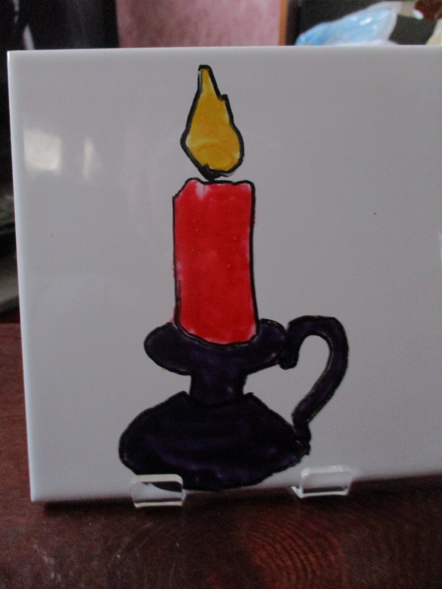 Candle and Holder Painted Tile Coaster
