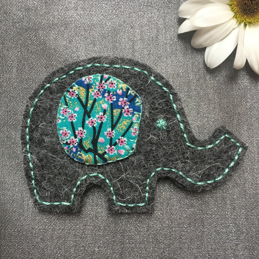 Dark Grey Wool Felt Elephant Brooch with Japanese Fabric