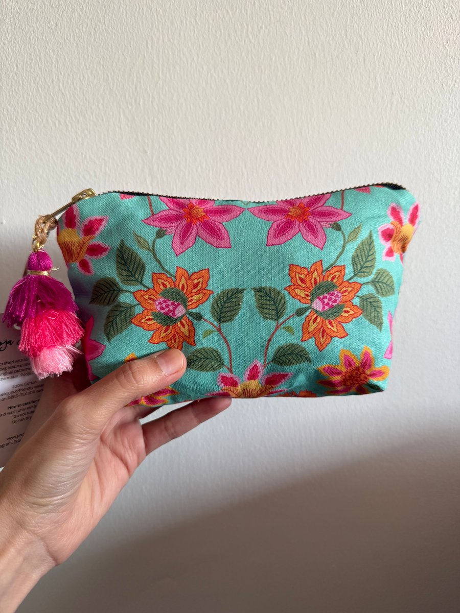 Turquoise Floral Cotton Zipper Bag - Handmade 