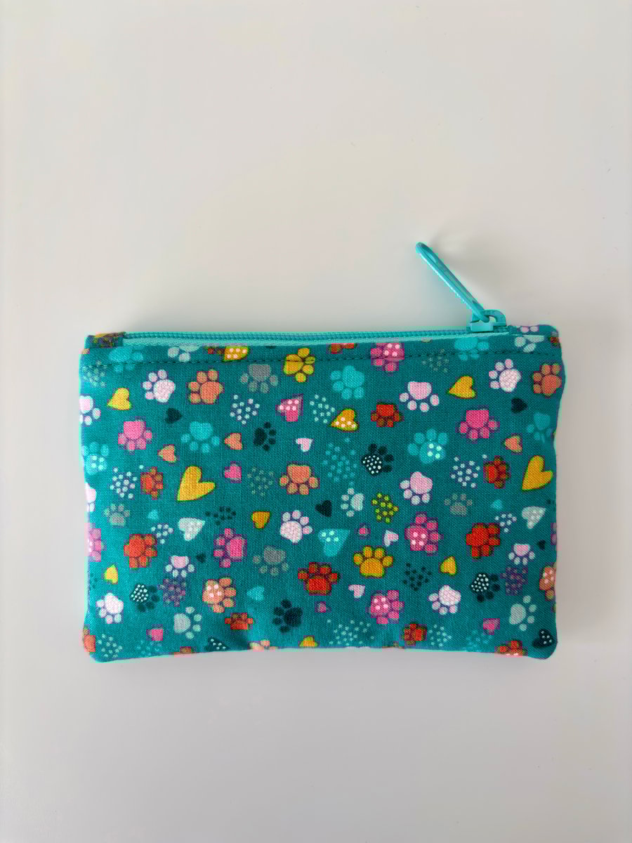 Small zipped fabric purse, pouch, make up bag, turquoise green with paw prints