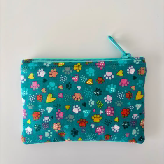 Small zipped fabric purse, pouch, make up bag, turquoise green with paw prints