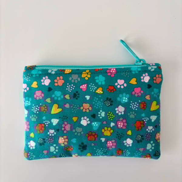 Small zipped fabric purse, pouch, make up bag, turquoise green with paw prints