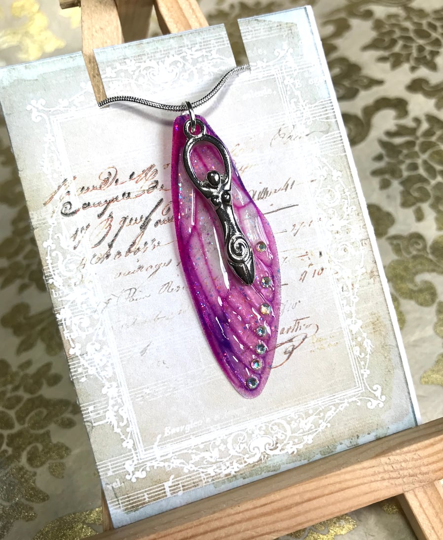Bright Pink Purple Aurora Borealis Goddess Fairy Wing Sterling Silver Necklace