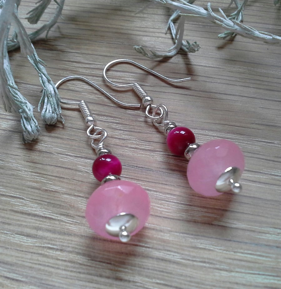 Red Tiger's Eye & Pink Faceted Quartzite Earrings Silver Plate