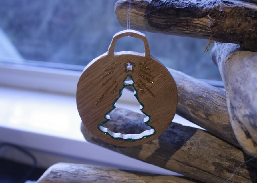 Wooden Oak Christmas Tree and Star Ornament