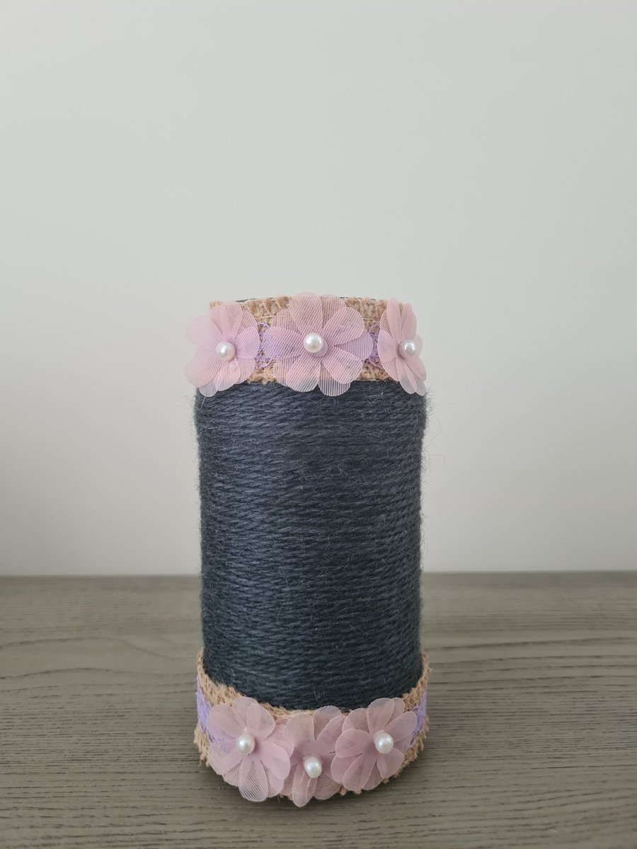 Dark Grey Yarn Wrapped Decorative Vase With Sheer Pink Flower Decor