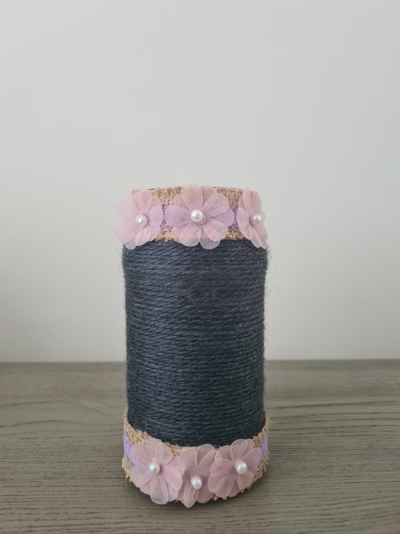 Dark Grey Yarn Wrapped Decorative Vase With Pink Chiffon Flower Decoration