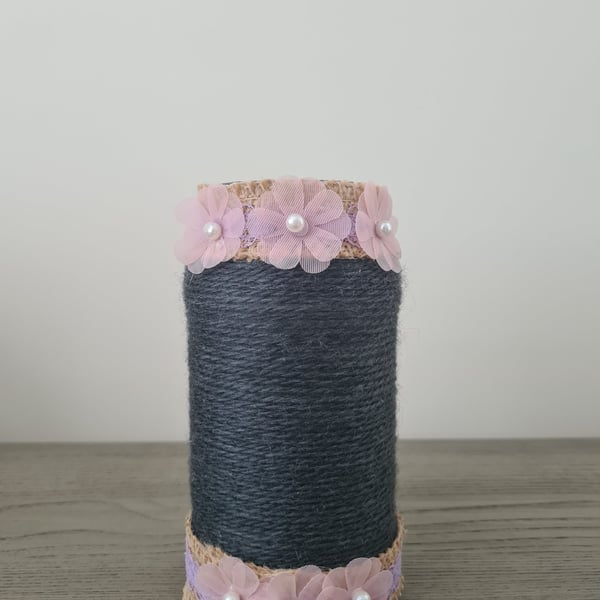 Dark Grey Yarn Wrapped Decorative Vase With Sheer Pink Flower Decor