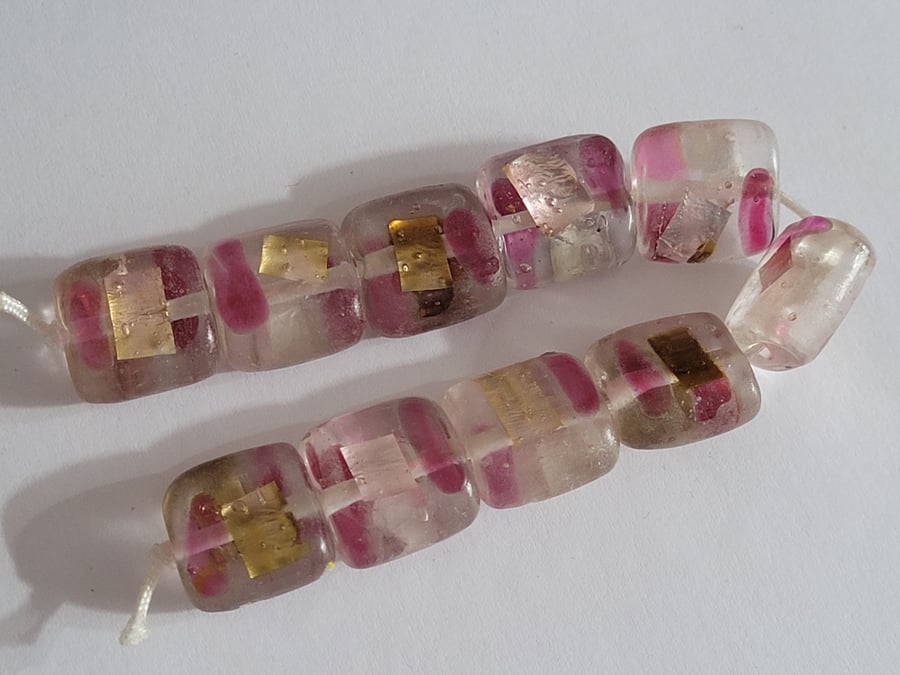 10 x 15mm Square Glass Beads With Pink and Gold Details