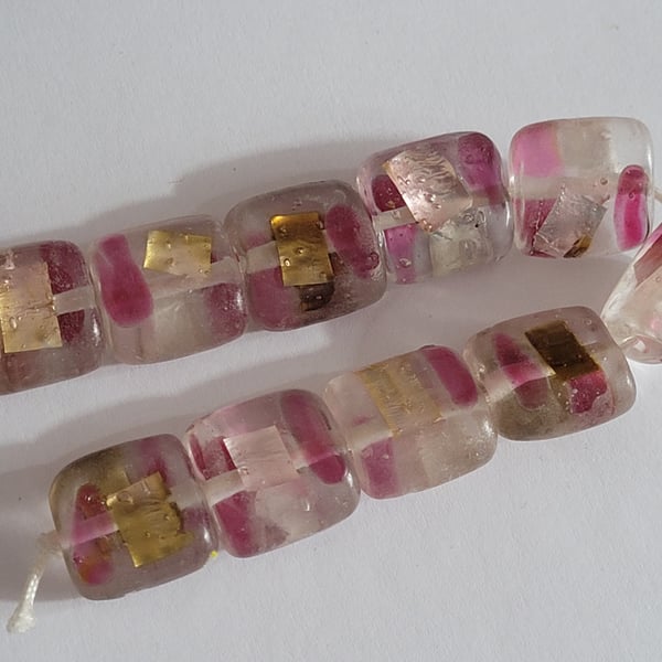 10 x 15mm Square Glass Beads With Pink and Gold Details