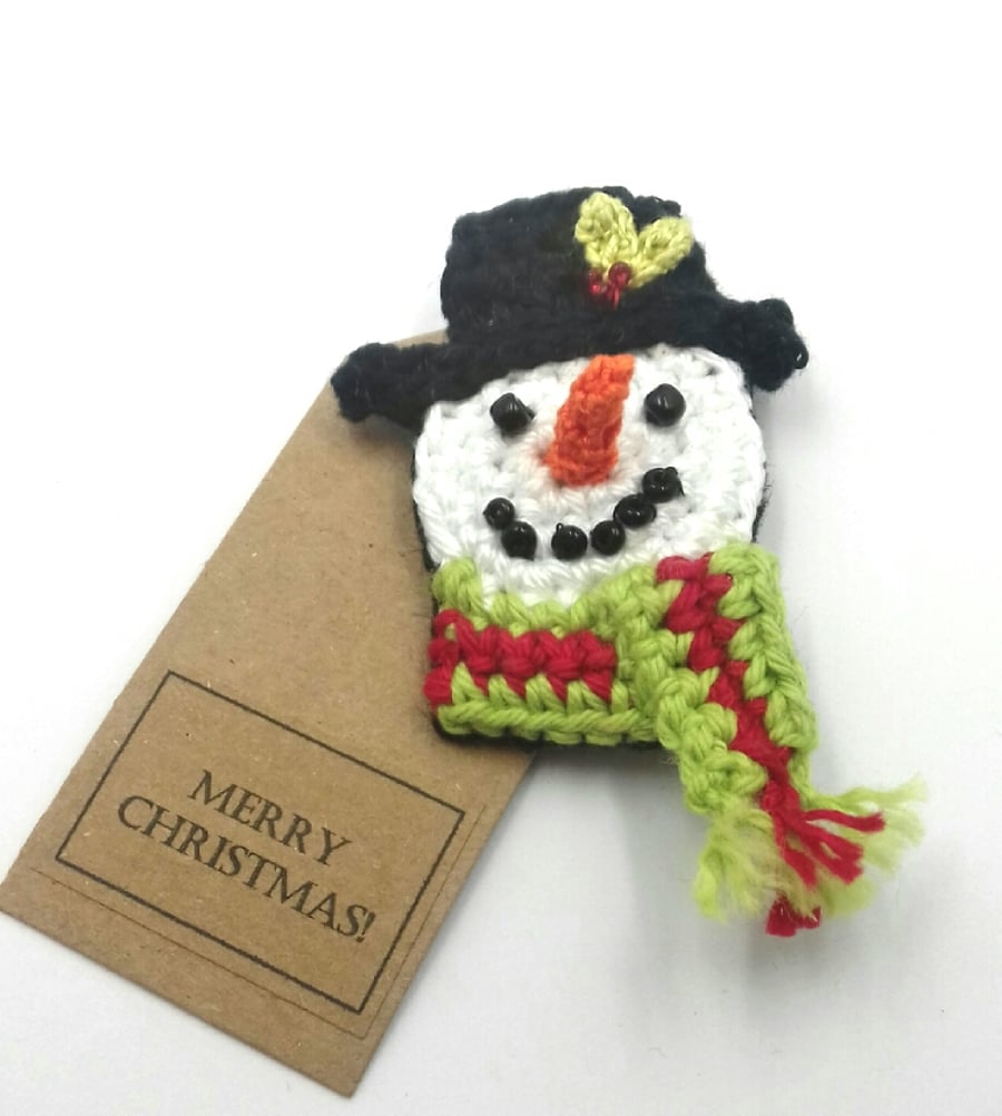 Crochet Snowman Brooch 