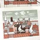 York Rooftops Linocut print