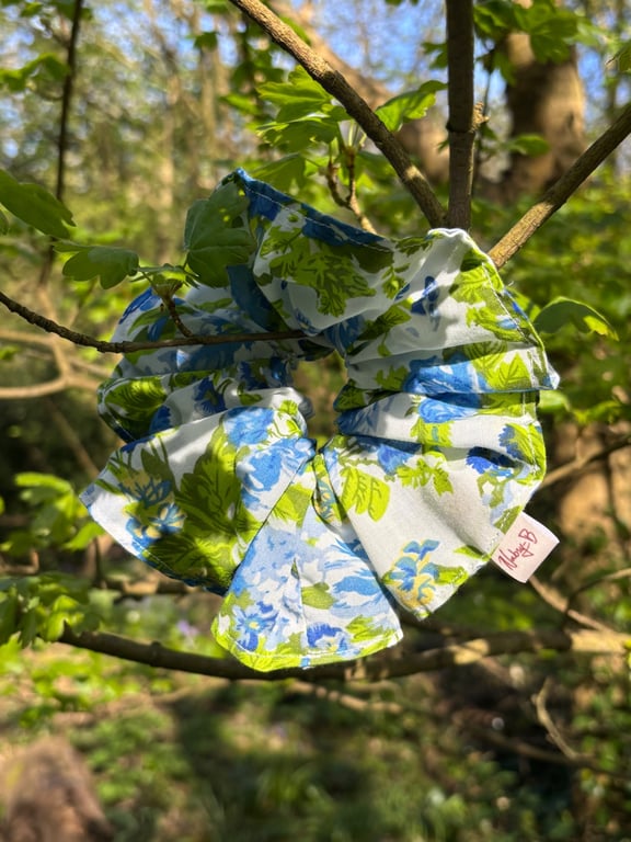 Cute cottage core scrunchie in blue floral cotton