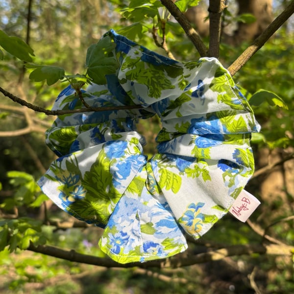 Cute cottage core scrunchie in blue floral cotton