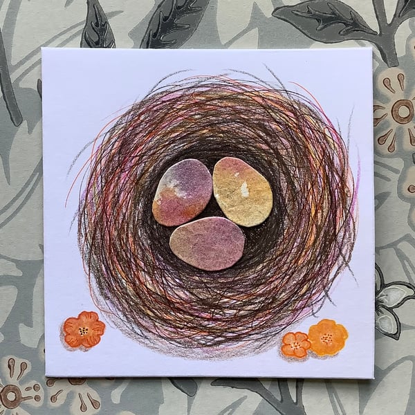 Hand drawn & collage bird’s nest card 
