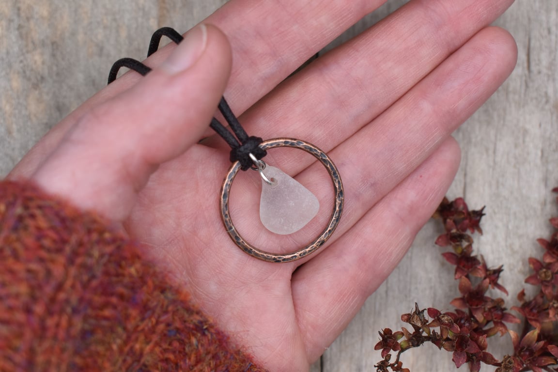 Sea Glass and Copper Adjustable Waxed Cotton Cord Necklace, Frosted White