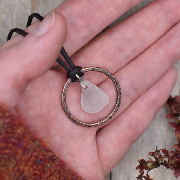Sea Glass and Copper Adjustable Waxed Cotton Cord Necklace, Frosted White