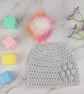 Silver Grey Crochet Baby Hat, Newborn Pom Pom Beanie, 0–3 Months  - Image 6