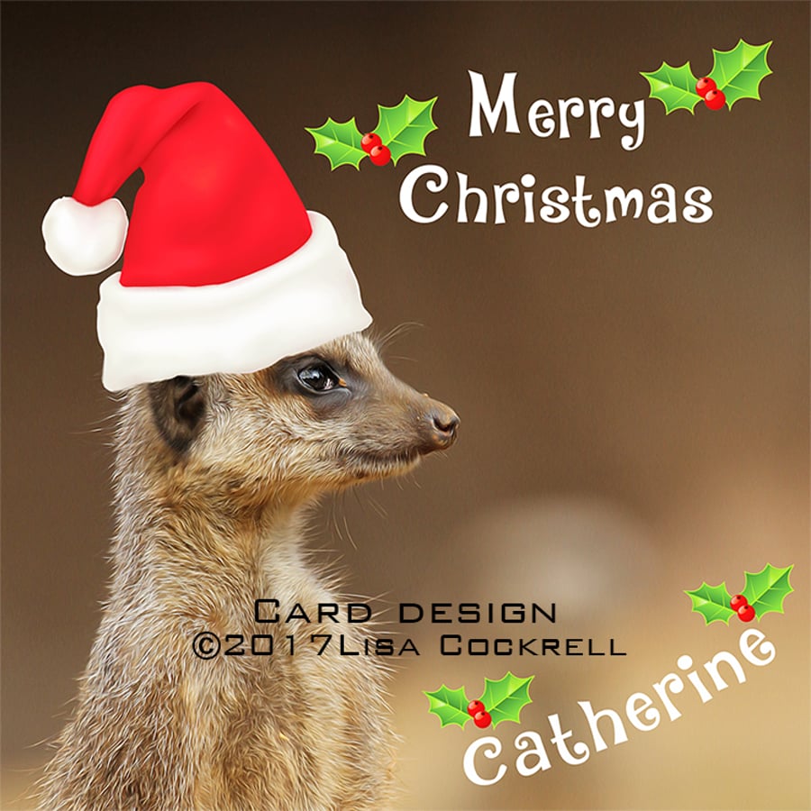 Personalised Handmade Meerkat In Santa Hat Christmas Card