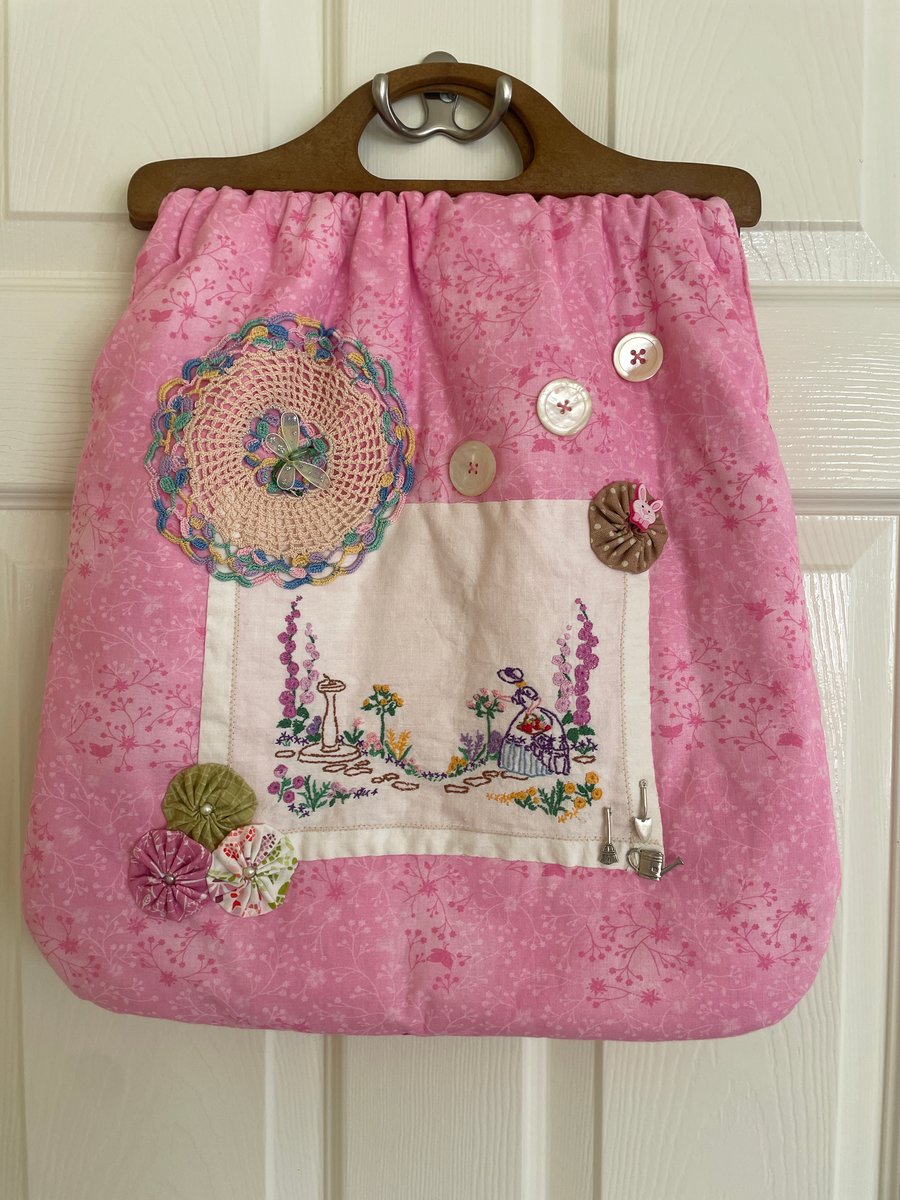 Pink Fabric Sewing or Knitting Bag with Hand Embroidered Details.